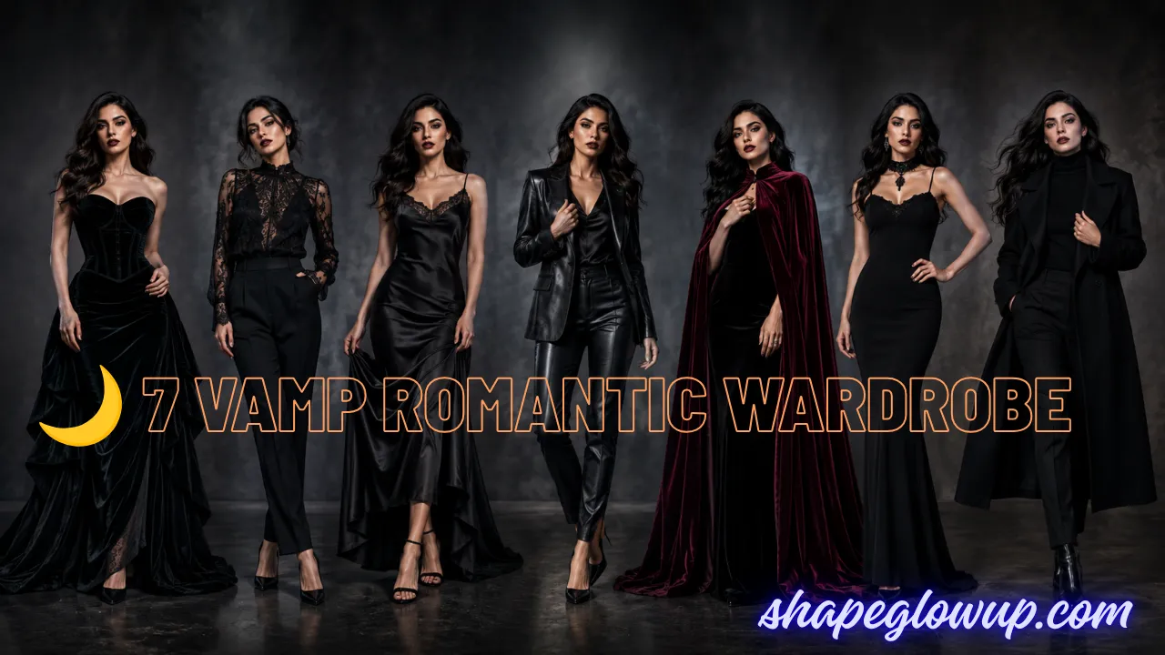 A composite image showing seven variations of a 'vamp romantic' style wardrobe, featuring the same woman modeling different elegant black and deep red outfits against a dark, moody grey background, with the text '7 VAMP ROMANTIC WARDROBE' in the center and 'shapeglowup.com' at the bottom right.